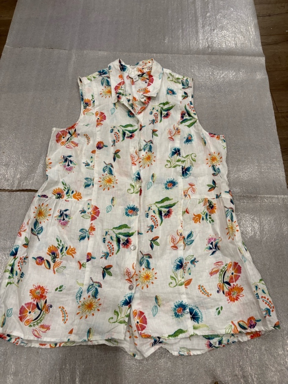 J. Jill White Floral Linen Blend Floral Multicolor Print collared Tank Top